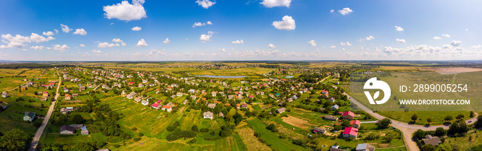 Panoramic landscape of countryside. Aerial view of traditional village, Ukraine