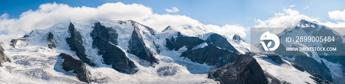 View for Morteratsch Glacier and panorama of Piz Berinia and Piz Palu in Switzerland. Swiss Alps.