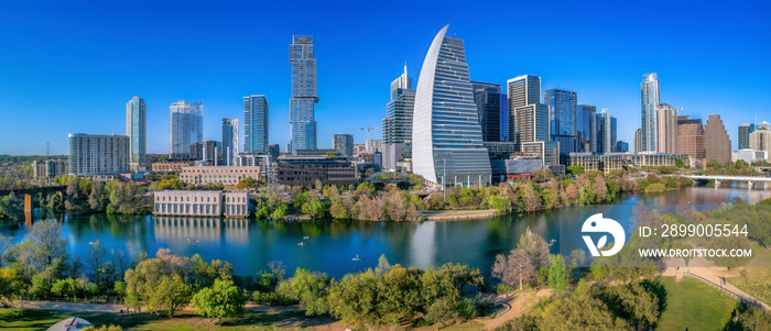 Colorado River at the front of Austin, Texas cityscape