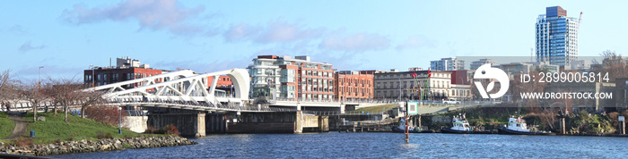 Panoramic photo of Inner Harbour, Bridge and Revitalized Old Town. Victoria, British Columbia, Canada. Vancouver Island.