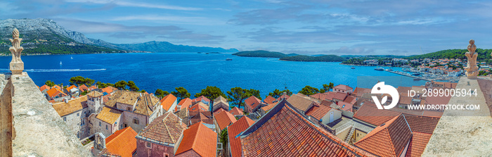 View from the tower of the church of St. Marco of the medieval town of Korcula in Croatia