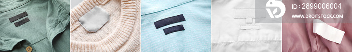 Set of labels on clothes, closeup view