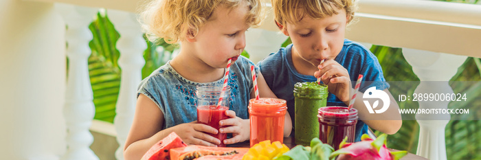 Children drink colorful healthy smoothies.. Watermelon, papaya, mango, spinach and dragon fruit. Smoothies, juices, beverages, drinks variety with fresh fruits on a wooden table BANNER, long format