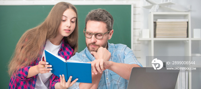 Father and daughter at school, teacher and pupil banner. private teacher and child hold copybook. family help. dad and daughter use notebook.