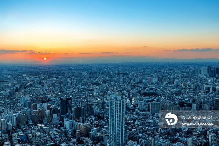 Skyscrapers towering over the cityscape of Nishi-Shinjuku, Tokyo, Japan at sunset