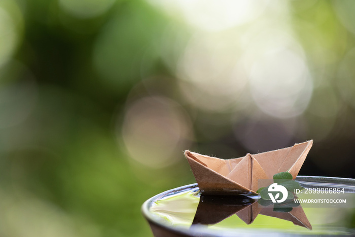 Clover leaf and paper boat on natute background.