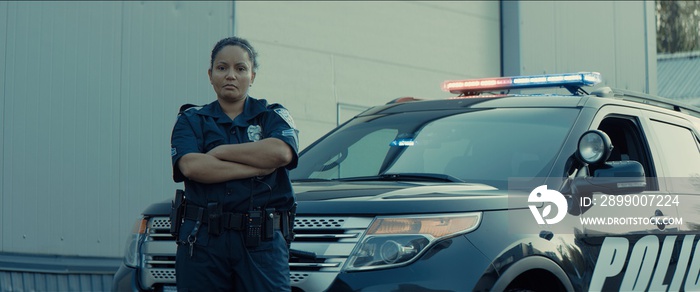 Mixed race female police officer posing against police car with flashing lights