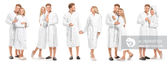 Collage with young couple in bathrobes on white background