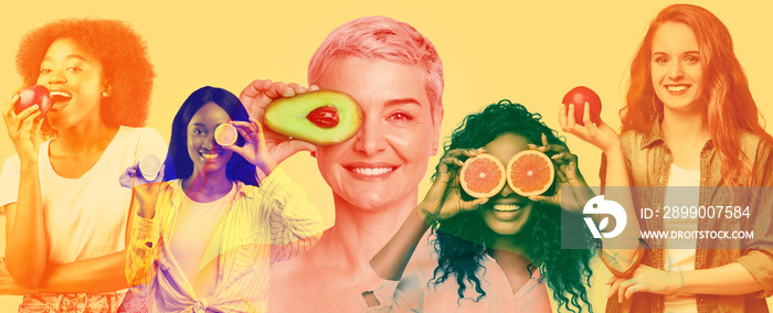 Multiethnic ladies posing with diverse fruits and vegetables, collage