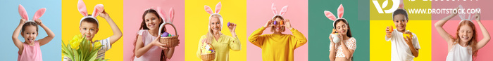 Group of people with bunny ears and Easter eggs on color background