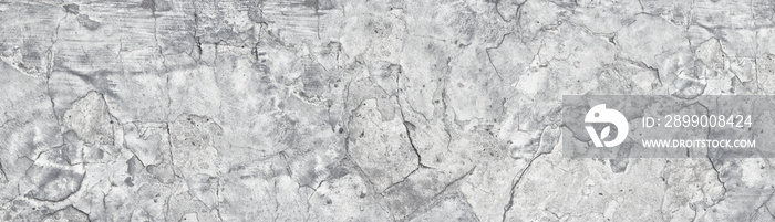 Wide old light gray shabby concrete wall. Broken cement surface texture panorama. Long grunge vintage background