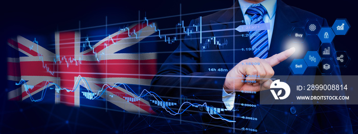 Businessman touching data analytics process system with KPI financial charts, dashboard of stock and marketing on virtual interface. With United Kingdom flag in background.