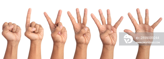 man hand set of number zero to five hand gesture sign isolated on white background