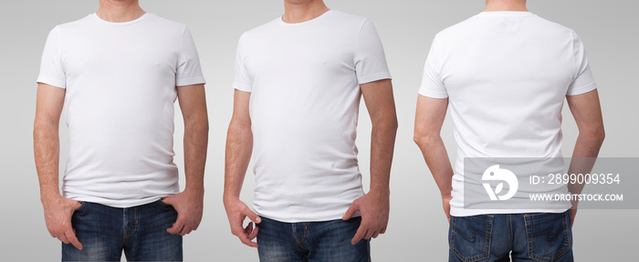 Shirt design and people concept - close up of man in blank white t-shirt front and rear isolated. Clean empty mock up tamplate for design set.