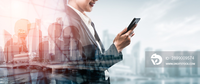 Double Exposure Image of Business Communication Network Technology Concept - Business people using smartphone or mobile phone device on modern cityscape background.