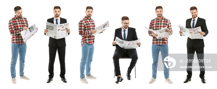 Collage of handsome man with newspapers on white background