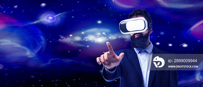 Businessman wearing virtual reality glasses against blue background with stars and planets