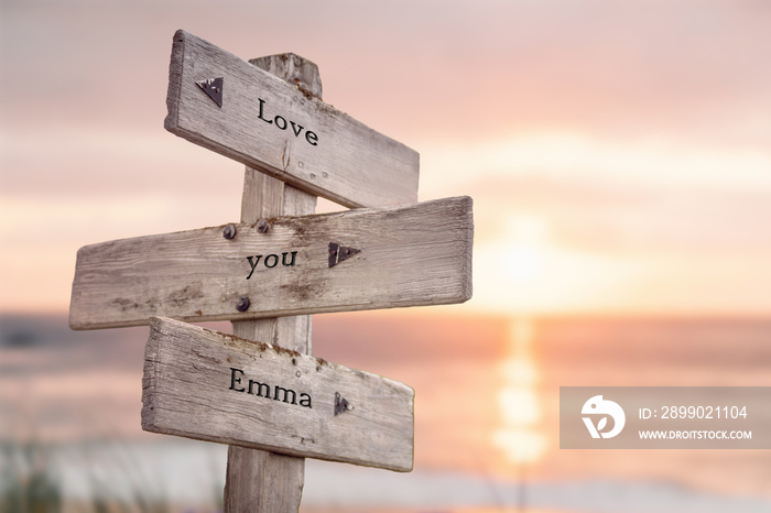 love you emma written on wooden signpost outdoors on the beach with romatic sunset in the back. Powe