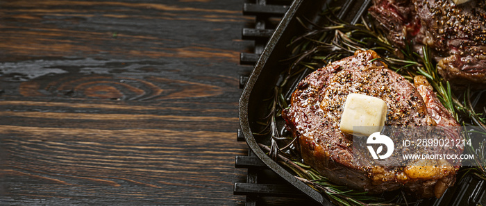 the concept of a dinner for two of great expensive black angus steaks