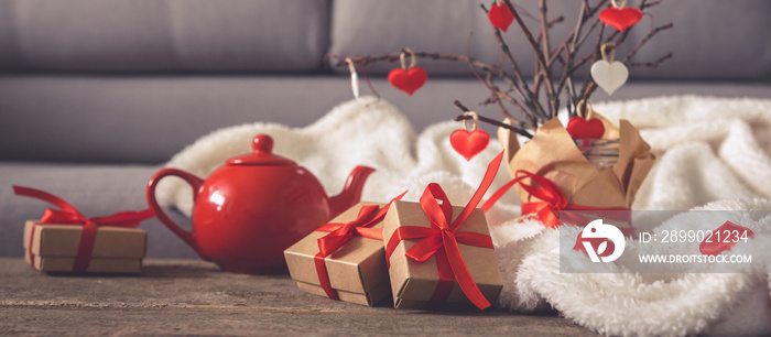 Valentines day, wedding zero waste, eco-friendly gift wrapping kraft paper and branches with hearts