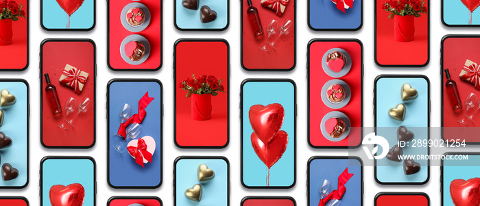 Pattern with mobile phones and different photos on white background. Valentines Day celebration