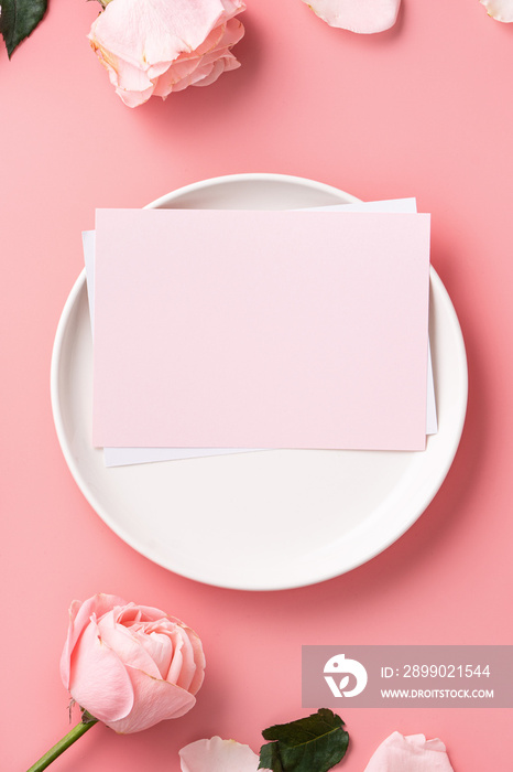 Mothers Day sending gift and meal design concept background with pink rose flower on pink backgroun