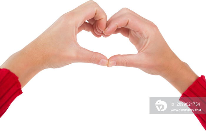 Image of hands of caucasian woman making heart shape with fingers