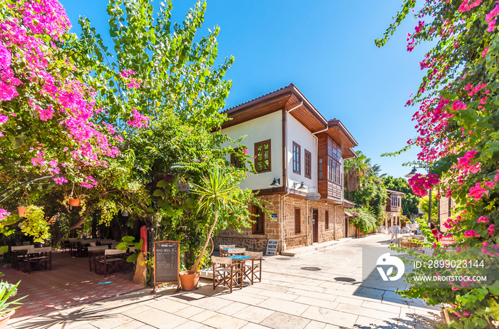 Houses in the Historical Distirict of Antalya (Kaleici), Turkey. Old town of Antalya is a popular de