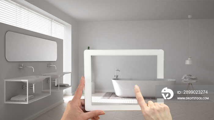 Augmented reality concept. Hand holding tablet with AR application used to simulate furniture and in