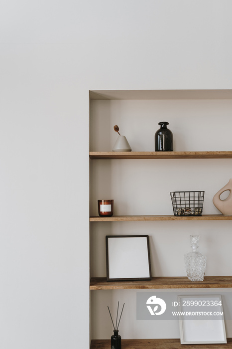 Aesthetic modern minimalist Scandinavian home interior decorations. Elegant bohemian living room wit