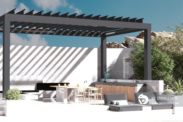 3d render poolside with pergola and kitchen counter