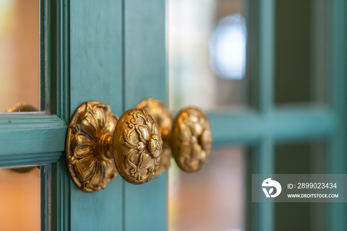 Classic retro brass door knob on green door vintage decoration retro interior style