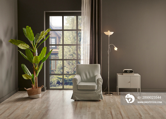 Living room corner grey wall background, windows garden view, lamp, vase of plant, chair and frame s