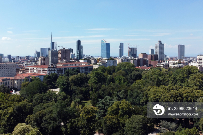 Europe, Italy , Milan - Drone aerial view of the new skyline with skyscrapers view from the park of 