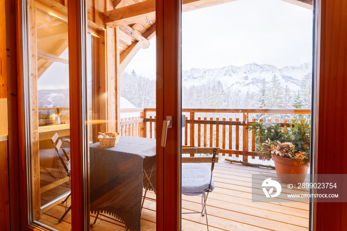 View from Balcony of living room winter Austrian Alps mountains