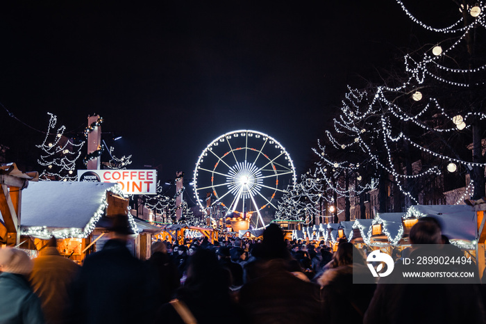 Christmas Market in Brussels with Ferris Wheel in Background