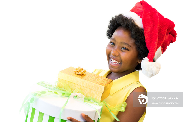 African girl wearing christmas hat with presents.