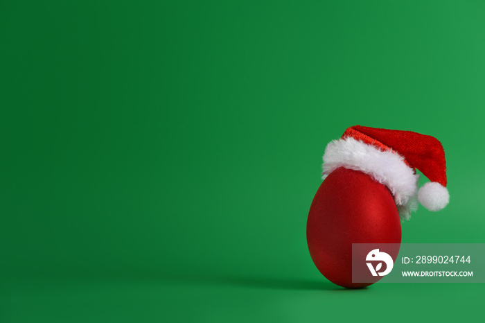 Creative christmas. Minimal composition of a red egg in a Santa hat on a green background.