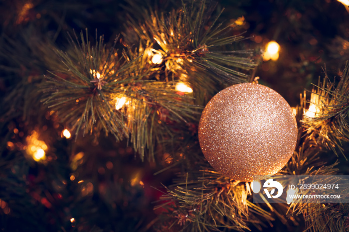 Seasonal background with Christmas toy on the tree. Celebration concept. Soft focus