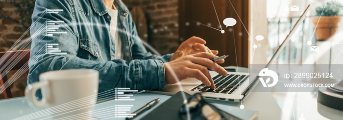 Male hands with laptop. Man working remotely at home. Concept of networking or remote work. Global b