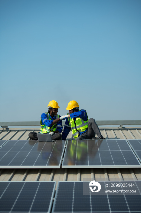 Both of Engineer in charge of solar panel installation The installation of solar energy conversion i