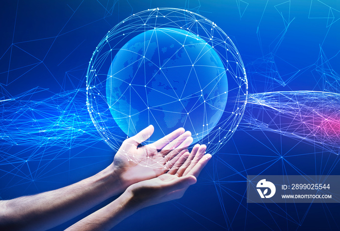 Collage of young guy holding globe surrounded by worldwide communications network, blue background