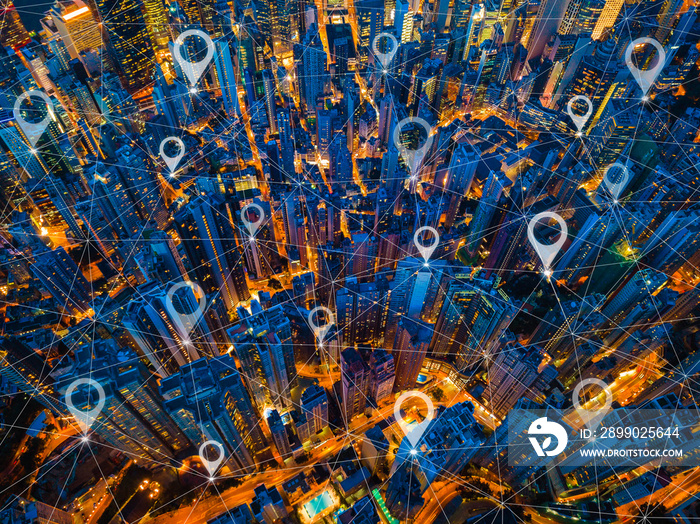 Map pin flat of city, global business and network connection lines. Aerial view of Hong Kong Downtow