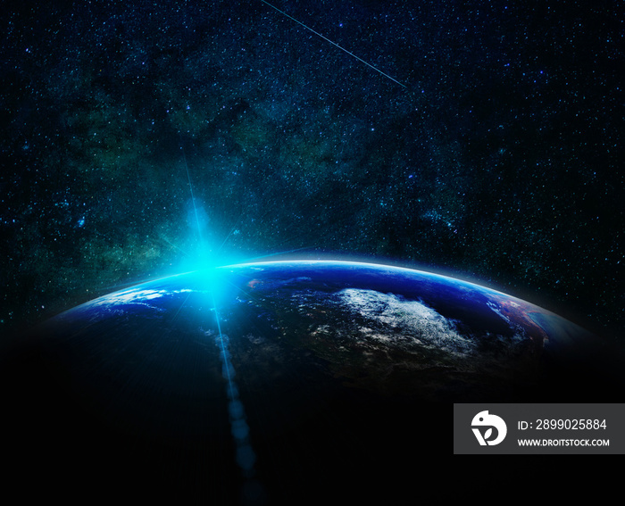 Part of earth with sun rise and lens flare over the Milky Way background, Internet Network concept, 