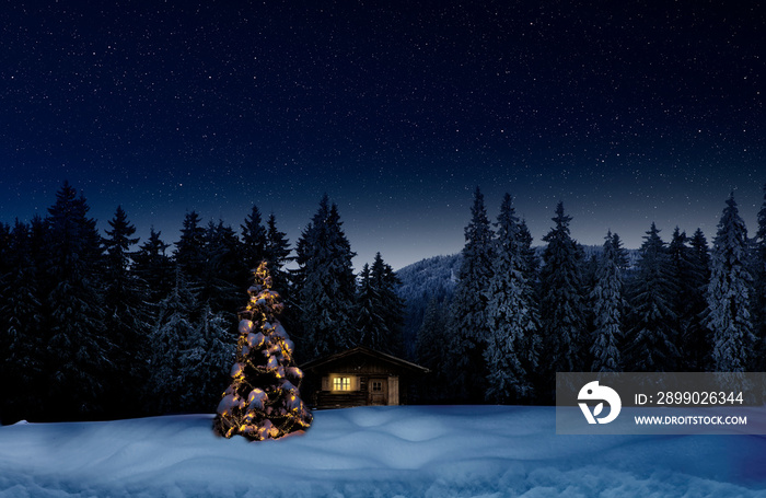 Leuchtender Weihnachtsbaum mit einer Belueuchtetend Hütte in einer Winternacht mit Schnee
