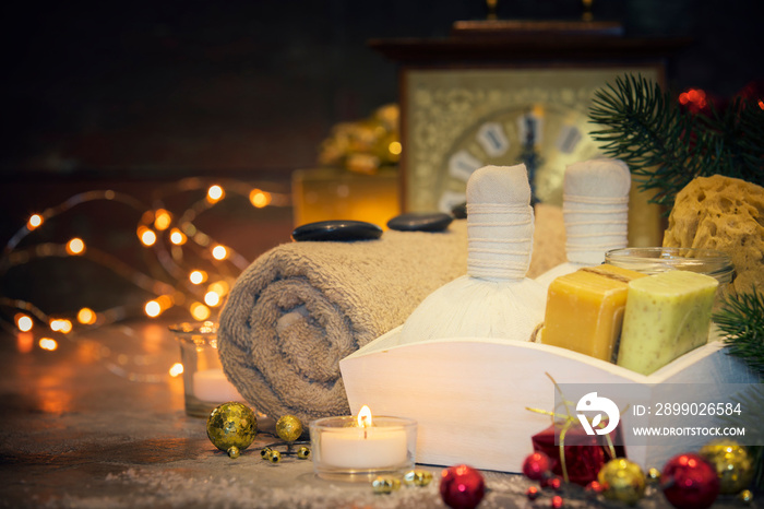 Spa composition with Christmas decoration. Holiday SPA treatment