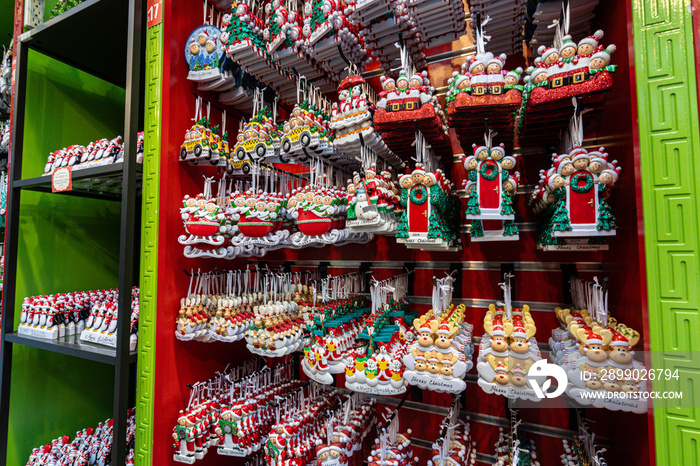 Christmas tree decoration at Xmas market in Bryant Park winter village, New York city