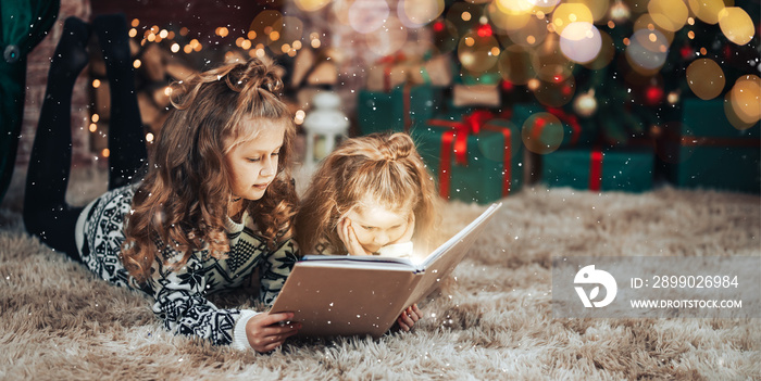 Two sisters are reading holding a book in their hands. Christmas mood. In the background a decorated