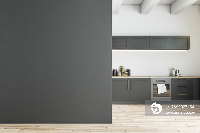 Contemporary kitchen interior with blank gray wall.