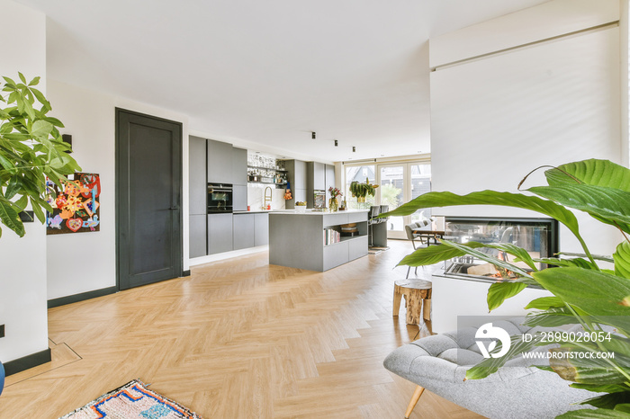 Couches and table located near TV against dining area of spacious room in contemporary apartment